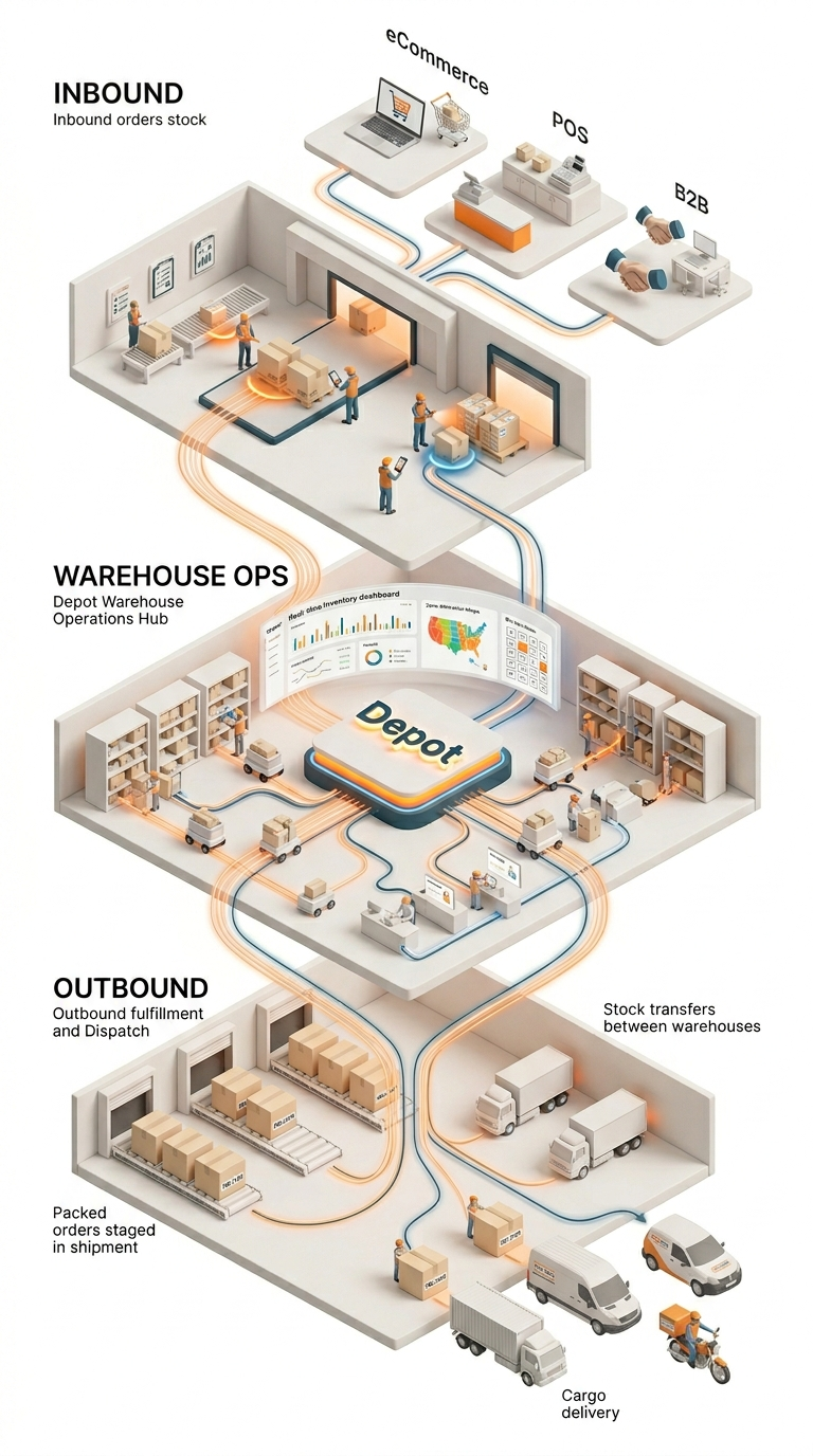 Depot warehouse management platform — dispatch planning, mobile operations, and live inventory